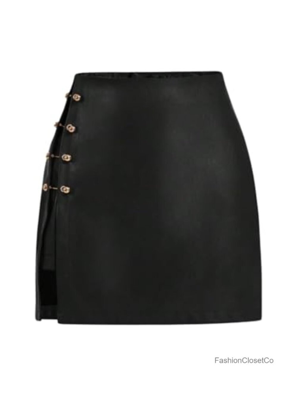 Faux Leather High Waisted A-Line Mini Skirt Side Slit Metallic Trim